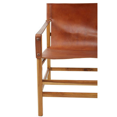 Orsina Kendari Brown Leather Sling Accent Chair | Teak Wood Frame