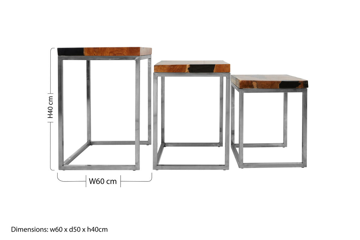 Orsina Surak Teak Wood Nesting Tables - Set of 3 with Silver Frame