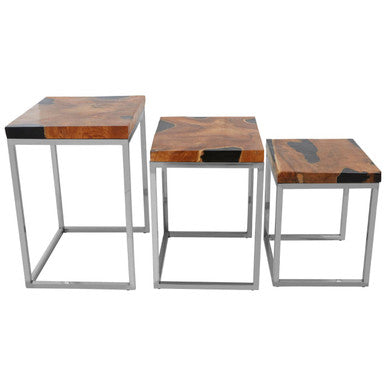 Orsina Surak Teak Wood Nesting Tables - Set of 3 with Silver Frame