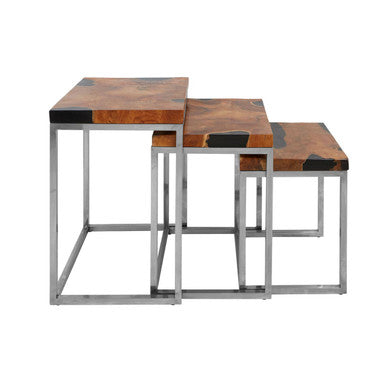 Orsina Surak Teak Wood Nesting Tables - Set of 3 with Silver Frame
