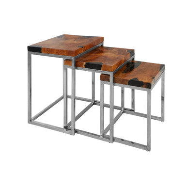 Orsina Surak Teak Wood Nesting Tables - Set of 3 with Silver Frame