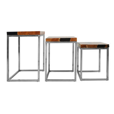 Orsina Surak Teak Wood Nesting Tables - Set of 3 with Silver Frame