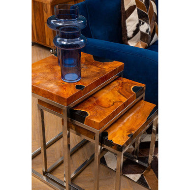 Orsina Surak Teak Wood Nesting Tables - Set of 3 with Silver Frame