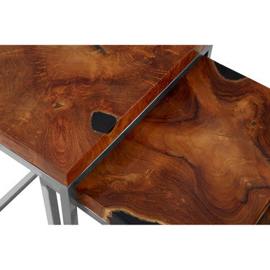 Orsina Surak Teak Wood Nesting Tables - Set of 3 with Silver Frame