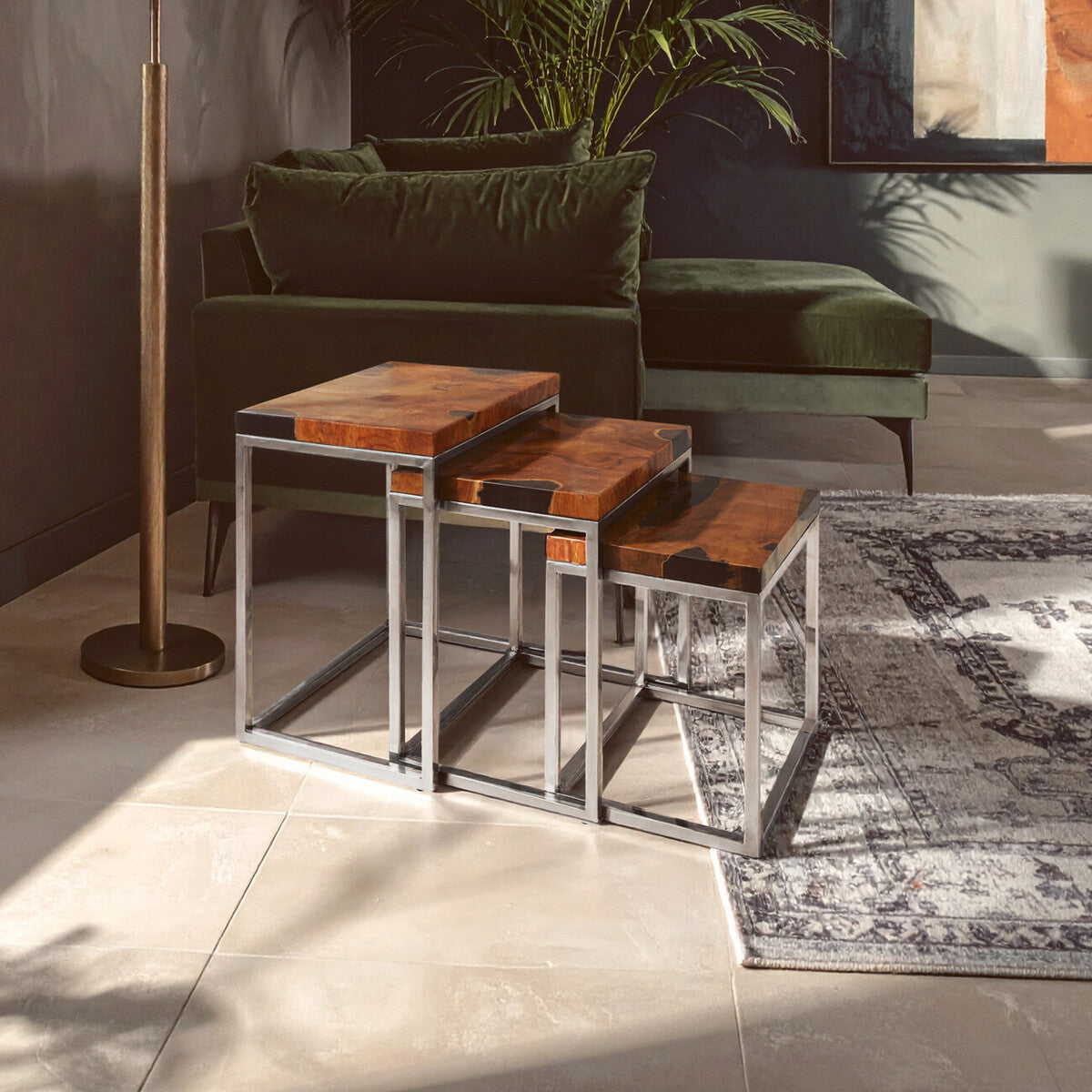 Orsina Surak Teak Wood Nesting Tables - Set of 3 with Silver Frame