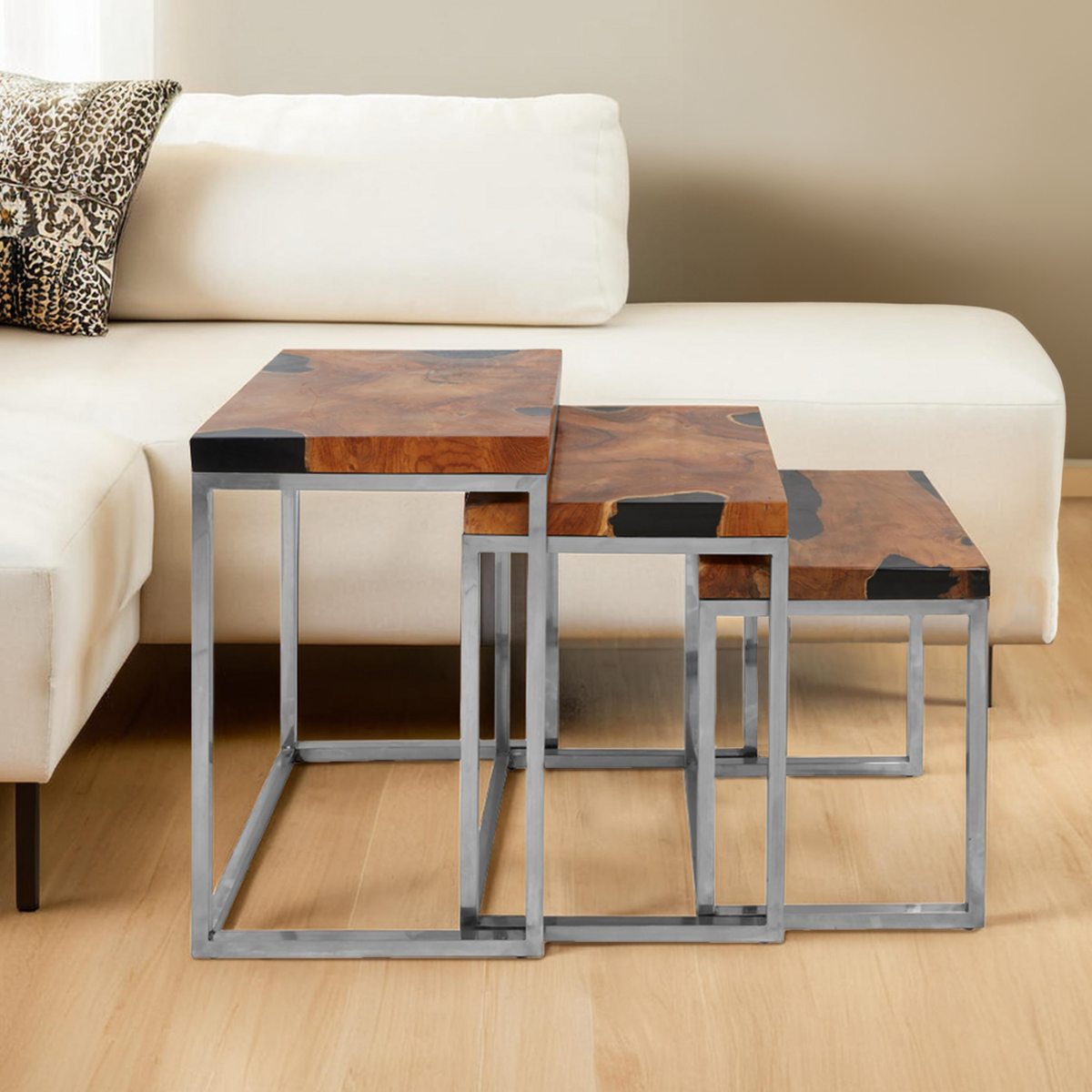 Orsina Surak Teak Wood Nesting Tables - Set of 3 with Silver Frame
