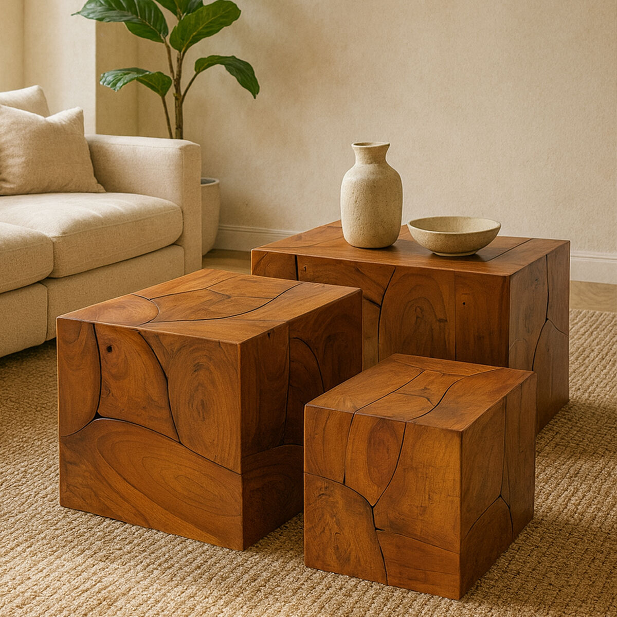 Orsina Surak Solid Teak Wood Nesting Side Tables and Stools - Set of 3