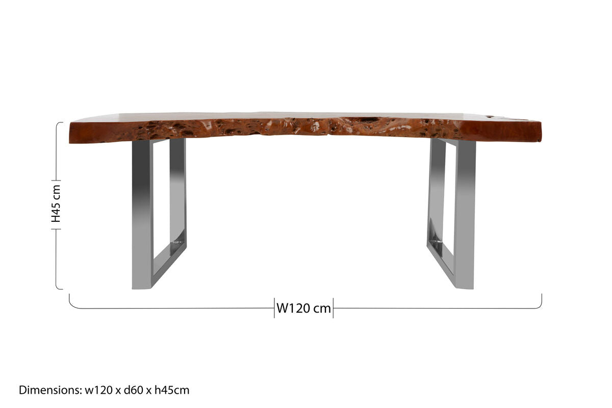 Orsina Surak Longan Wood Coffee Table – Live Edge with Silver Steel Base