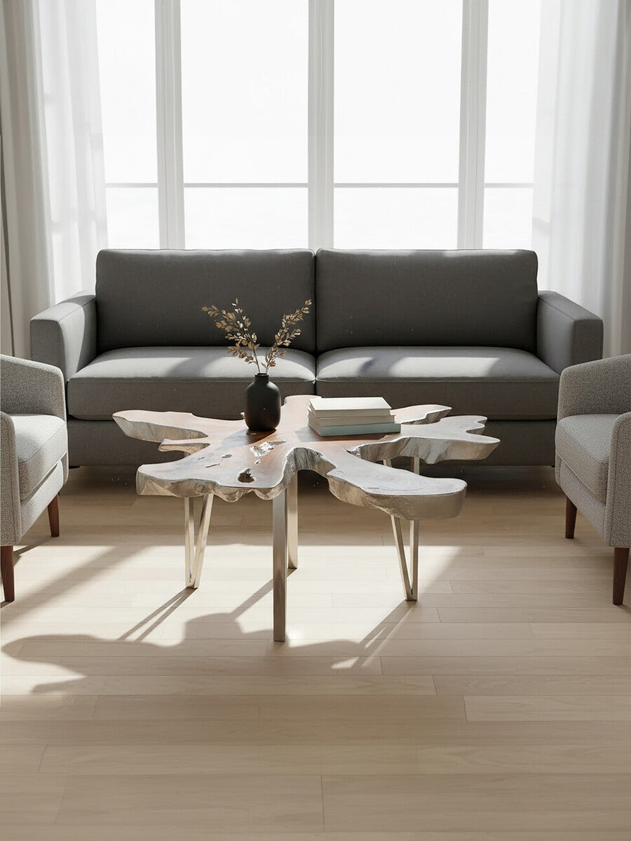 Orsina Surak Star Top Teak Coffee Table | Silver Stainless Steel