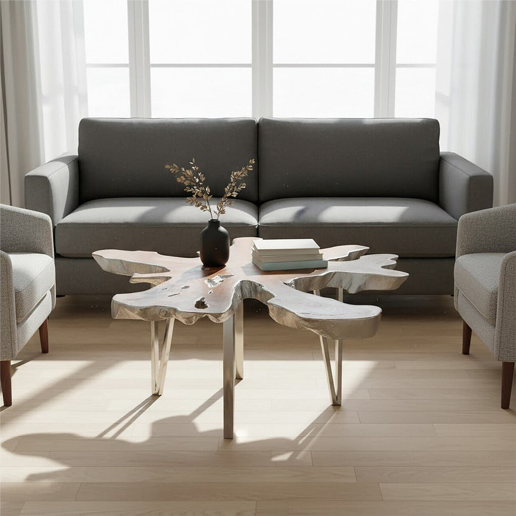 Orsina Surak Star Top Teak Coffee Table | Silver Stainless Steel