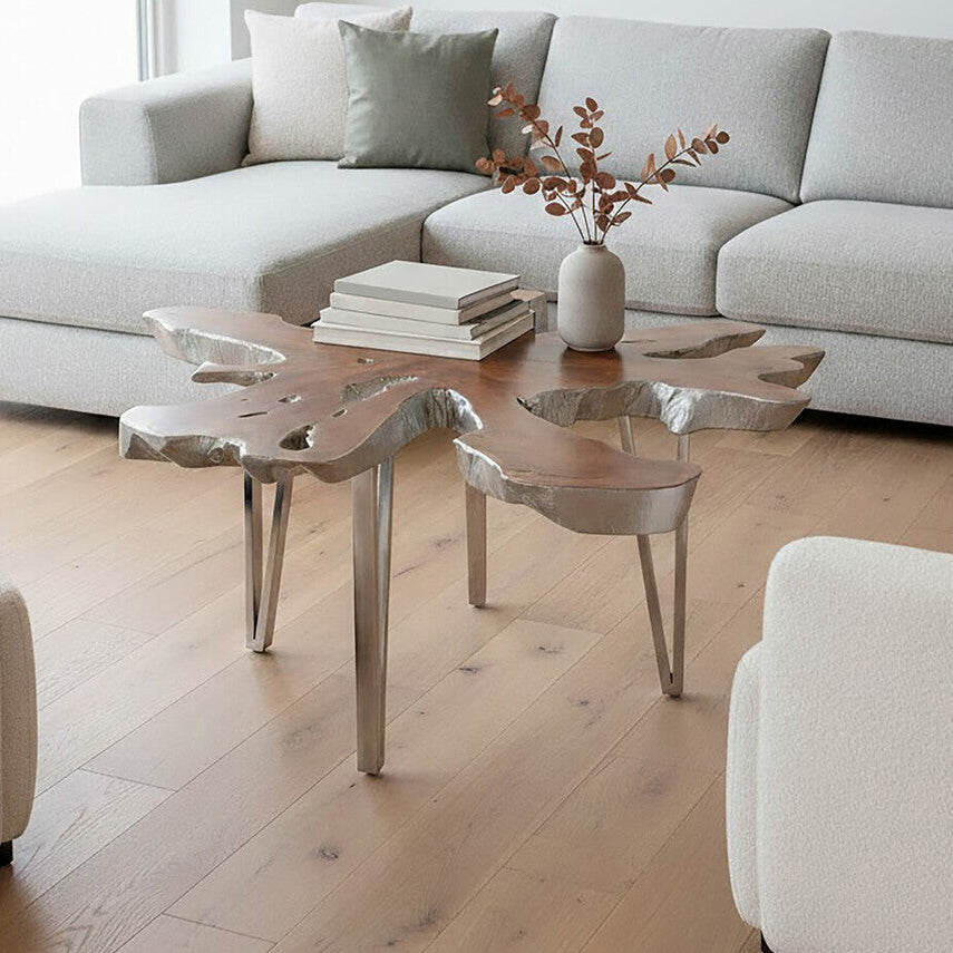 Orsina Surak Star Top Teak Coffee Table | Silver Stainless Steel