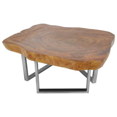 Orsina Surak Live-Edge Teak Wood Coffee Table with Silver Steel Legs