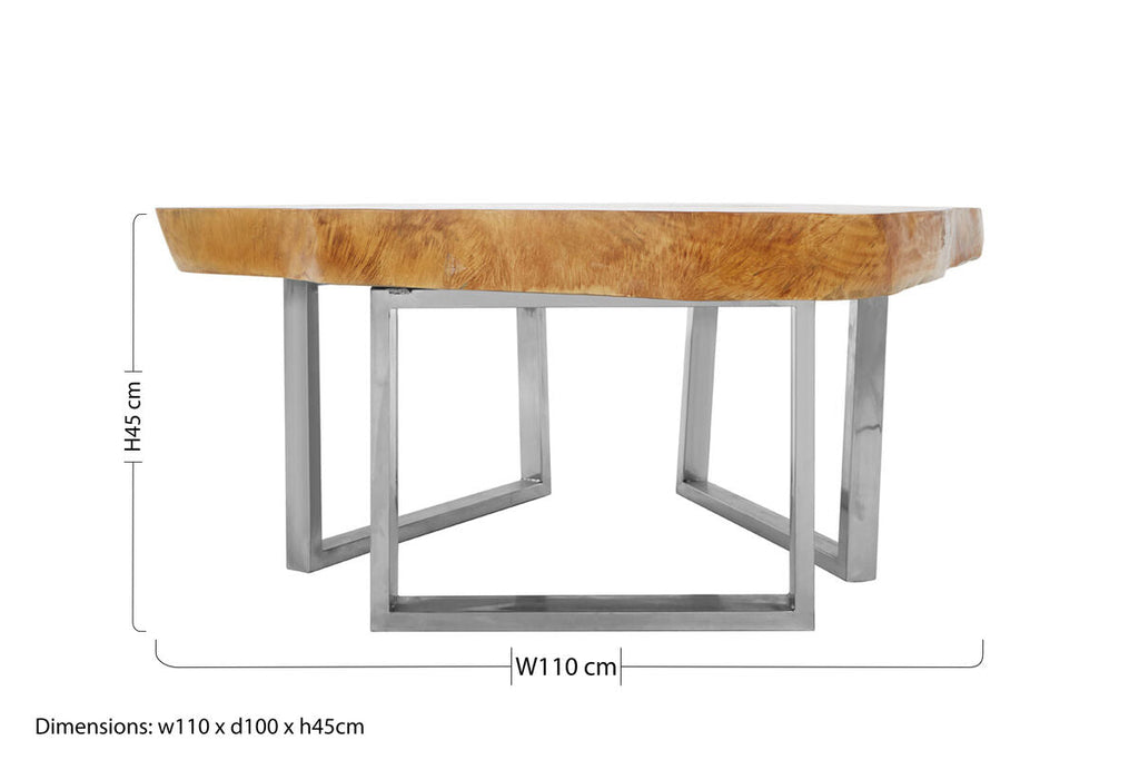 Orsina Surak Live-Edge Teak Wood Coffee Table with Silver Steel Legs