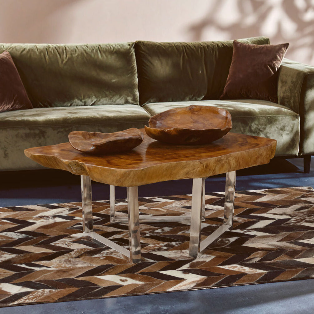 Orsina Surak Live-Edge Teak Wood Coffee Table with Silver Steel Legs