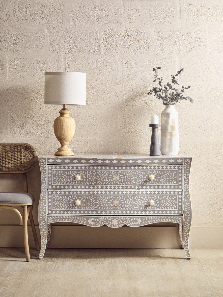 Orsina Mother of Pearl Inlay 2-Drawer Chest – Mango Wood & Grey