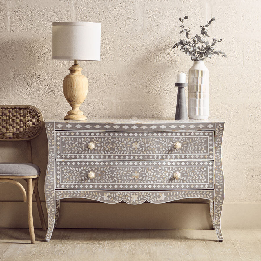 Orsina Mother of Pearl Inlay 2-Drawer Chest – Mango Wood & Grey