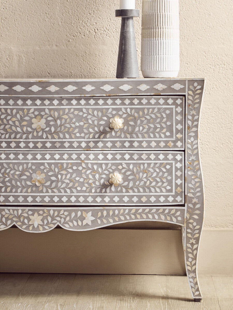 Orsina Mother of Pearl Inlay 2-Drawer Chest – Mango Wood & Grey