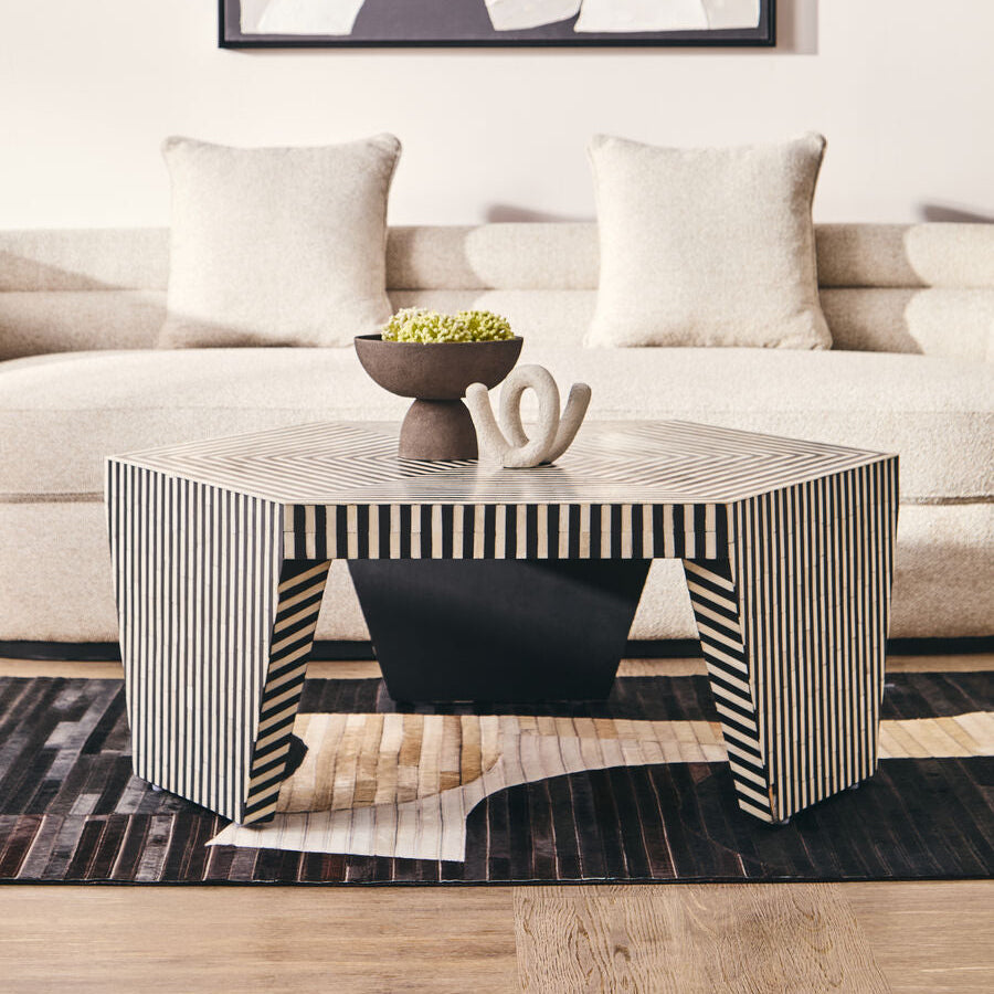 Orsina Fusion Hexagon Coffee Table – Striped Bone Inlay Black & White