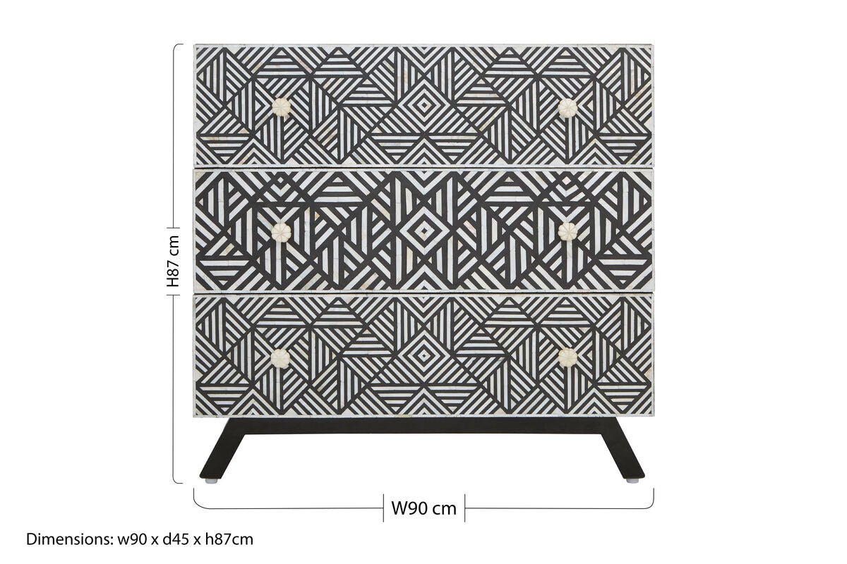 Orsina Mother of Pearl Inlay Chest of 3 Drawers – Black Mango Wood