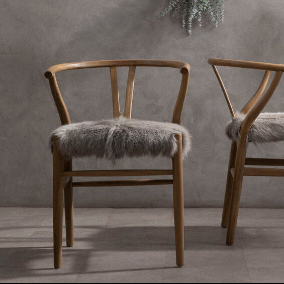 Orsina Hazel Oak Wood Dining Chair with Grey Natural Fur Seat