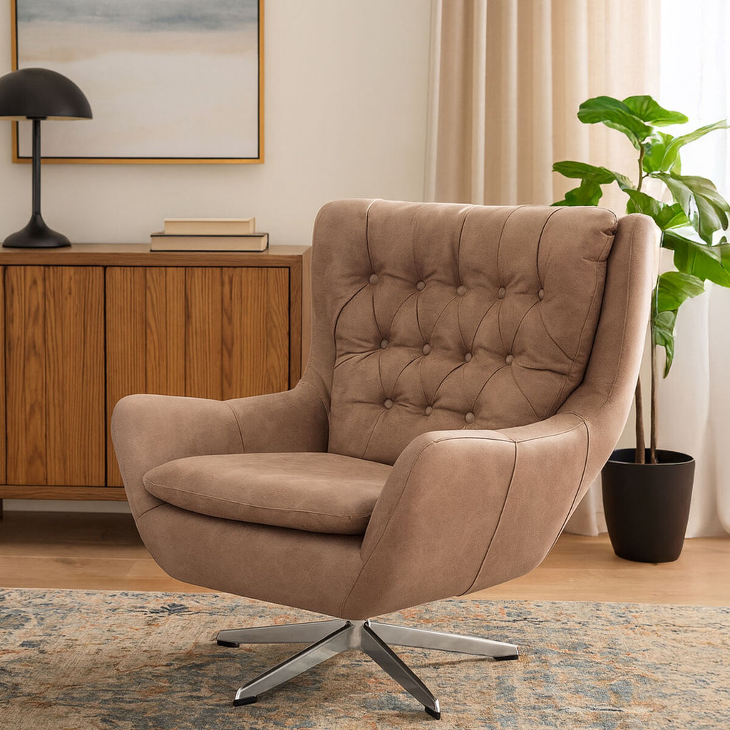 Orsina Harold Brown Faux Leather Swivel Chair | Tufted Accent Seat