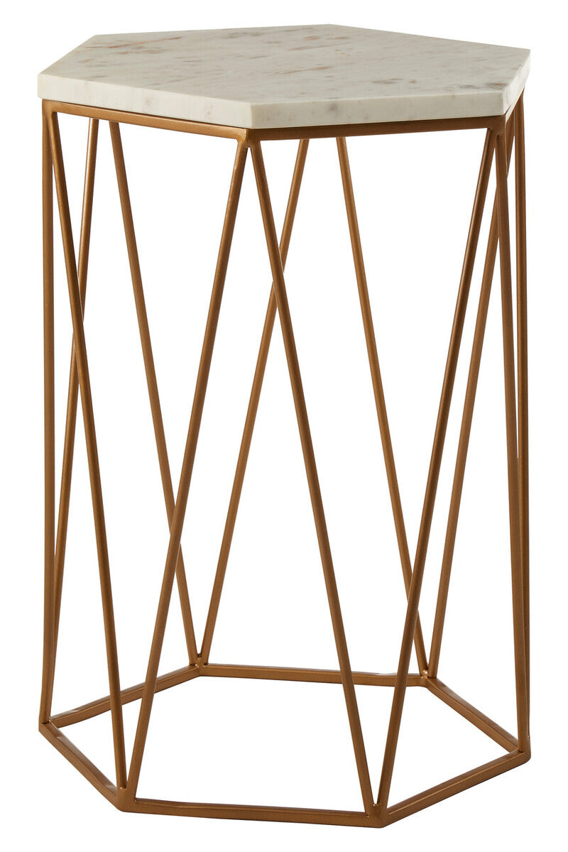Orsina Shalimar Hexagonal Side Table – White Marble & Gold Metal