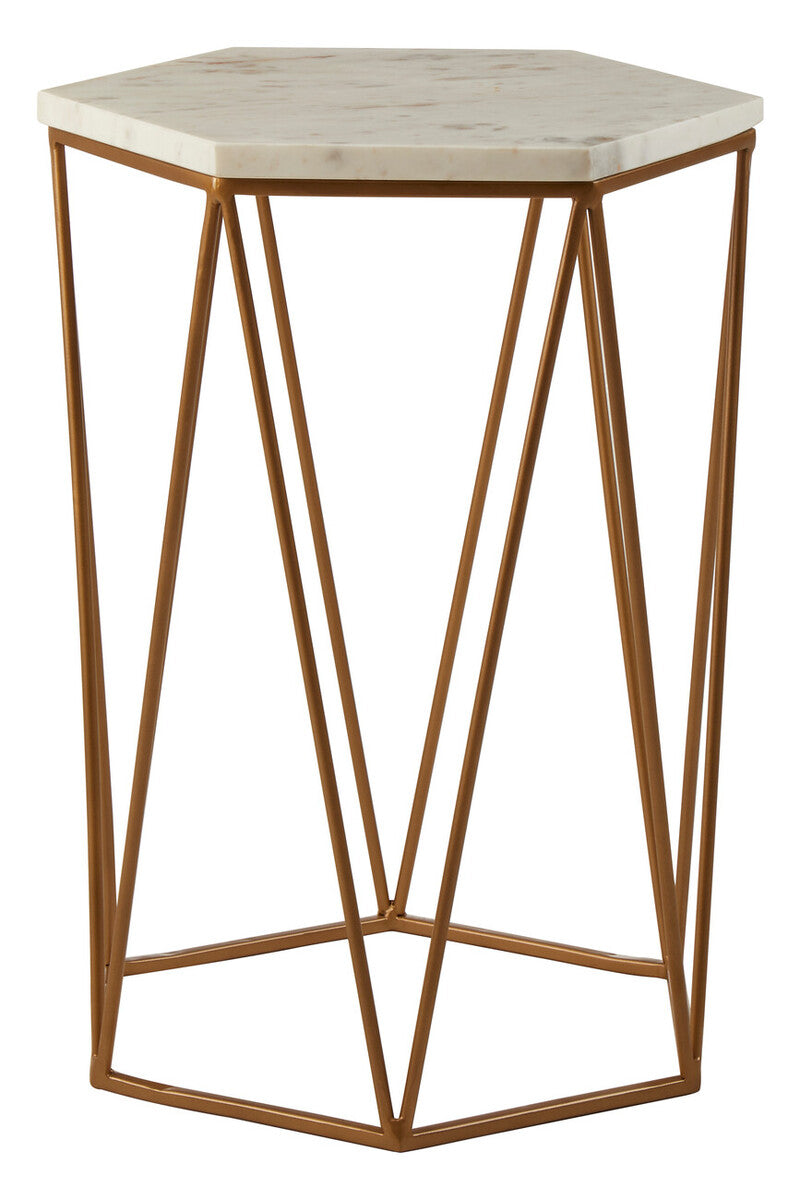 Orsina Shalimar Hexagonal Side Table – White Marble & Gold Metal