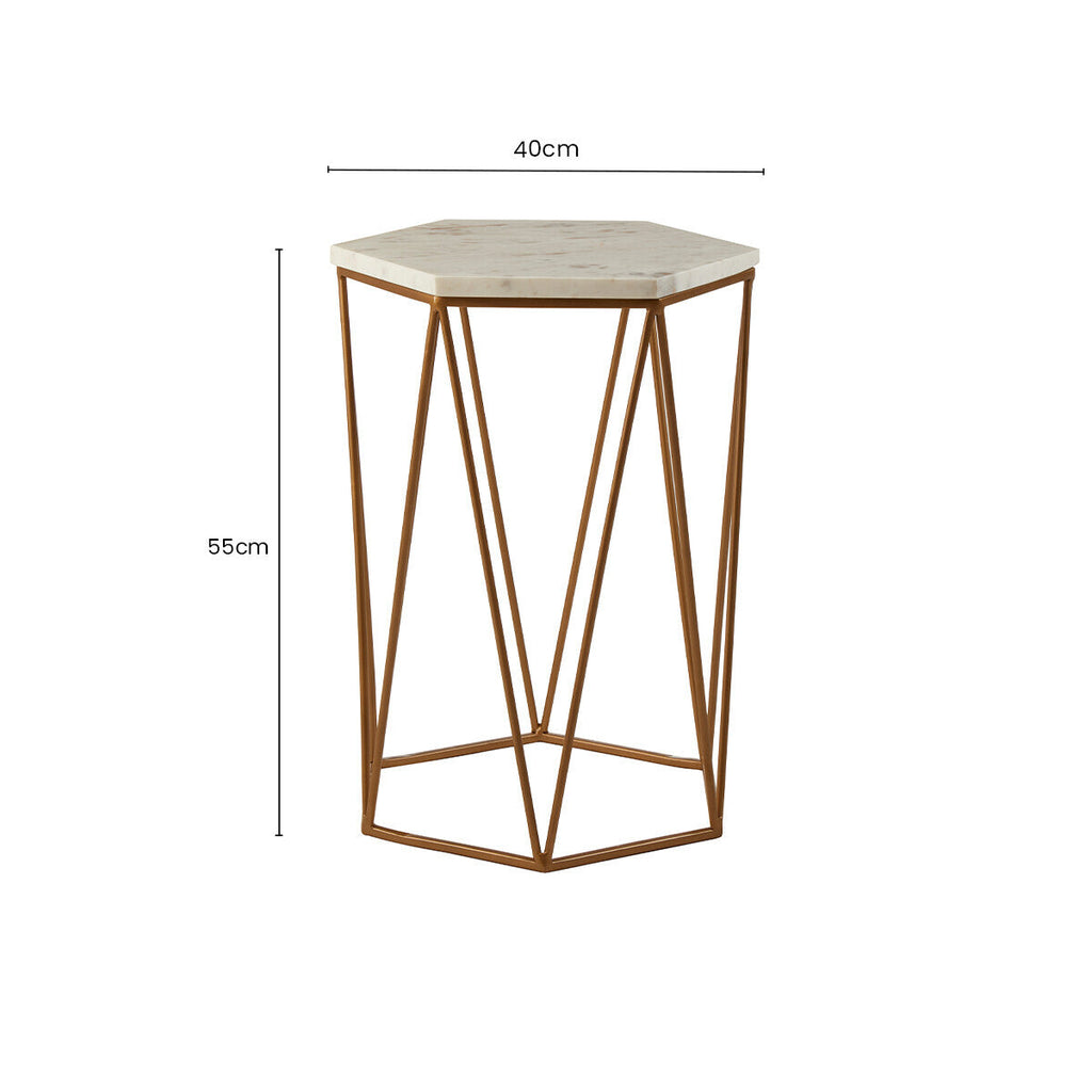 Orsina Shalimar Hexagonal Side Table – White Marble & Gold Metal