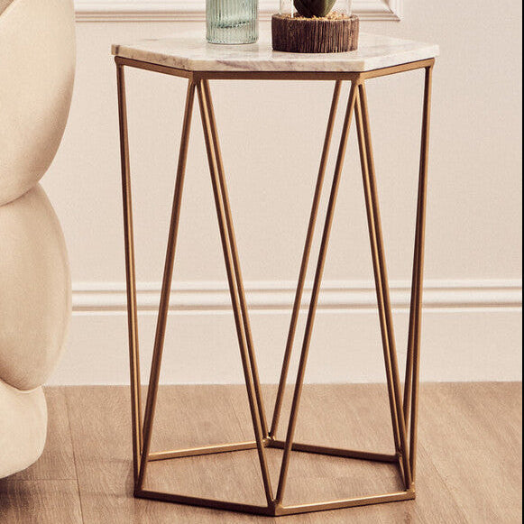 Orsina Shalimar Hexagonal Side Table – White Marble & Gold Metal