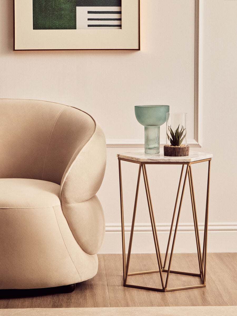 Orsina Shalimar Hexagonal Side Table – White Marble & Gold Metal