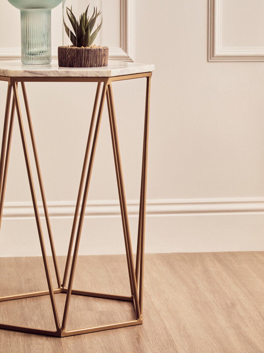 Orsina Shalimar Hexagonal Side Table – White Marble & Gold Metal