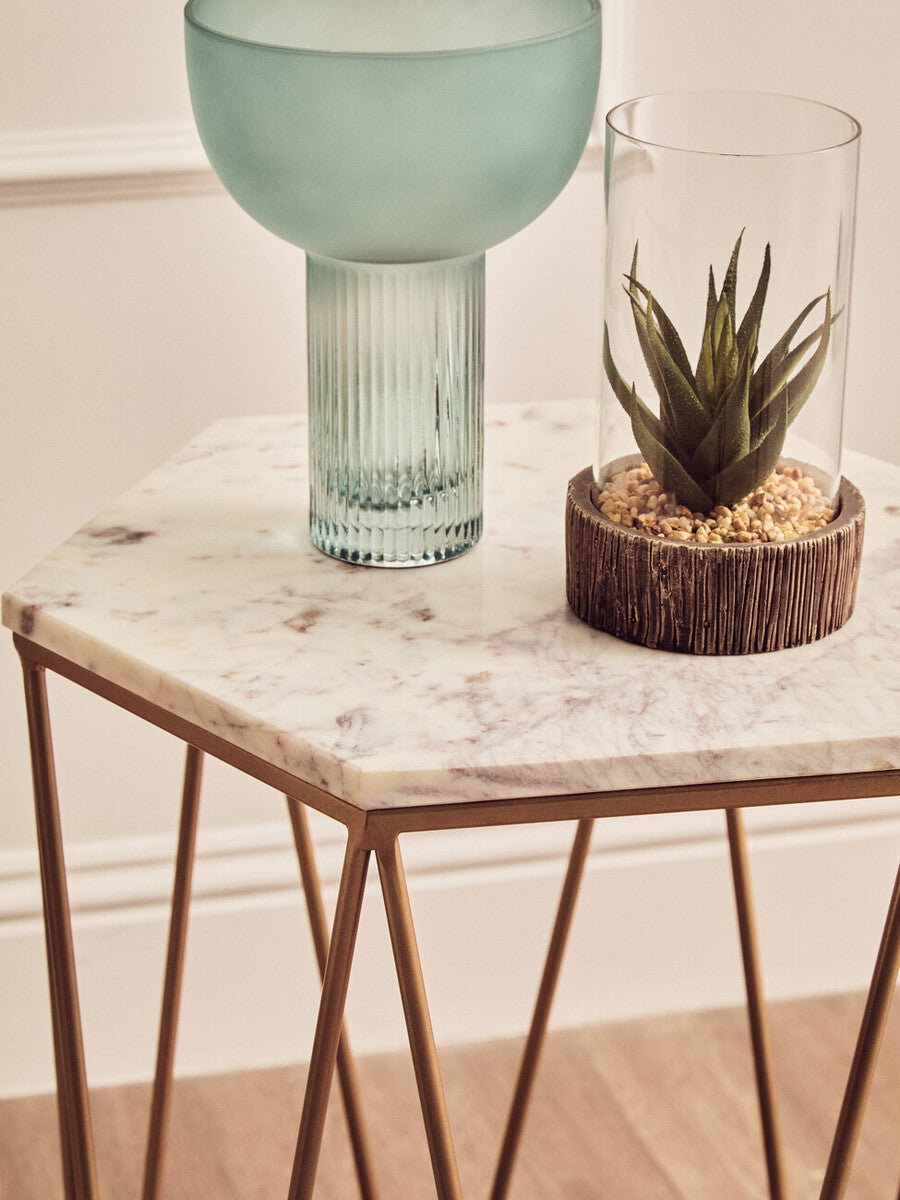 Orsina Shalimar Hexagonal Side Table – White Marble & Gold Metal