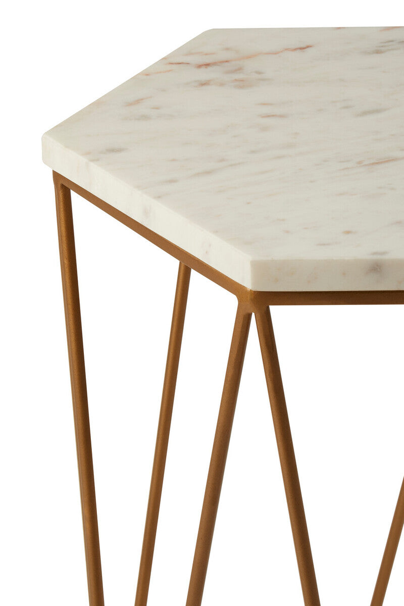Orsina Shalimar Hexagonal Side Table – White Marble & Gold Metal