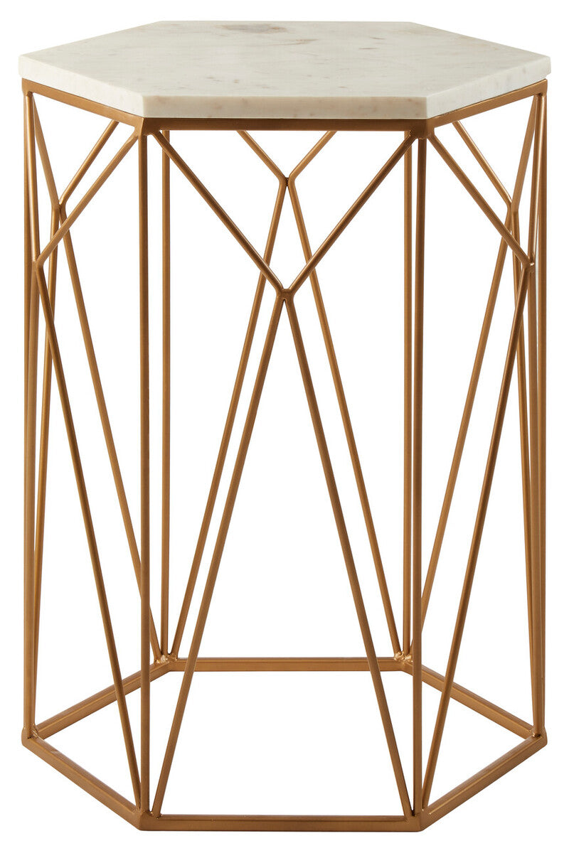 Orsina Shalimar Marble Side Table – Gold Geometric Base Accent Table
