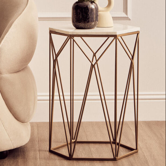 Orsina Shalimar Marble Side Table – Gold Geometric Base Accent Table