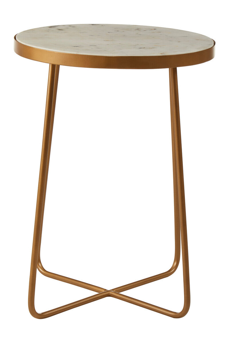 Orsina Shalimar Round White Marble Side Table with Gold Cross Base
