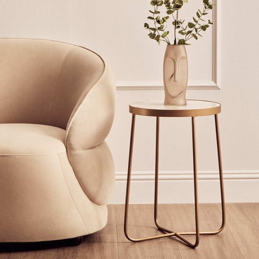 Orsina Shalimar Round White Marble Side Table with Gold Cross Base