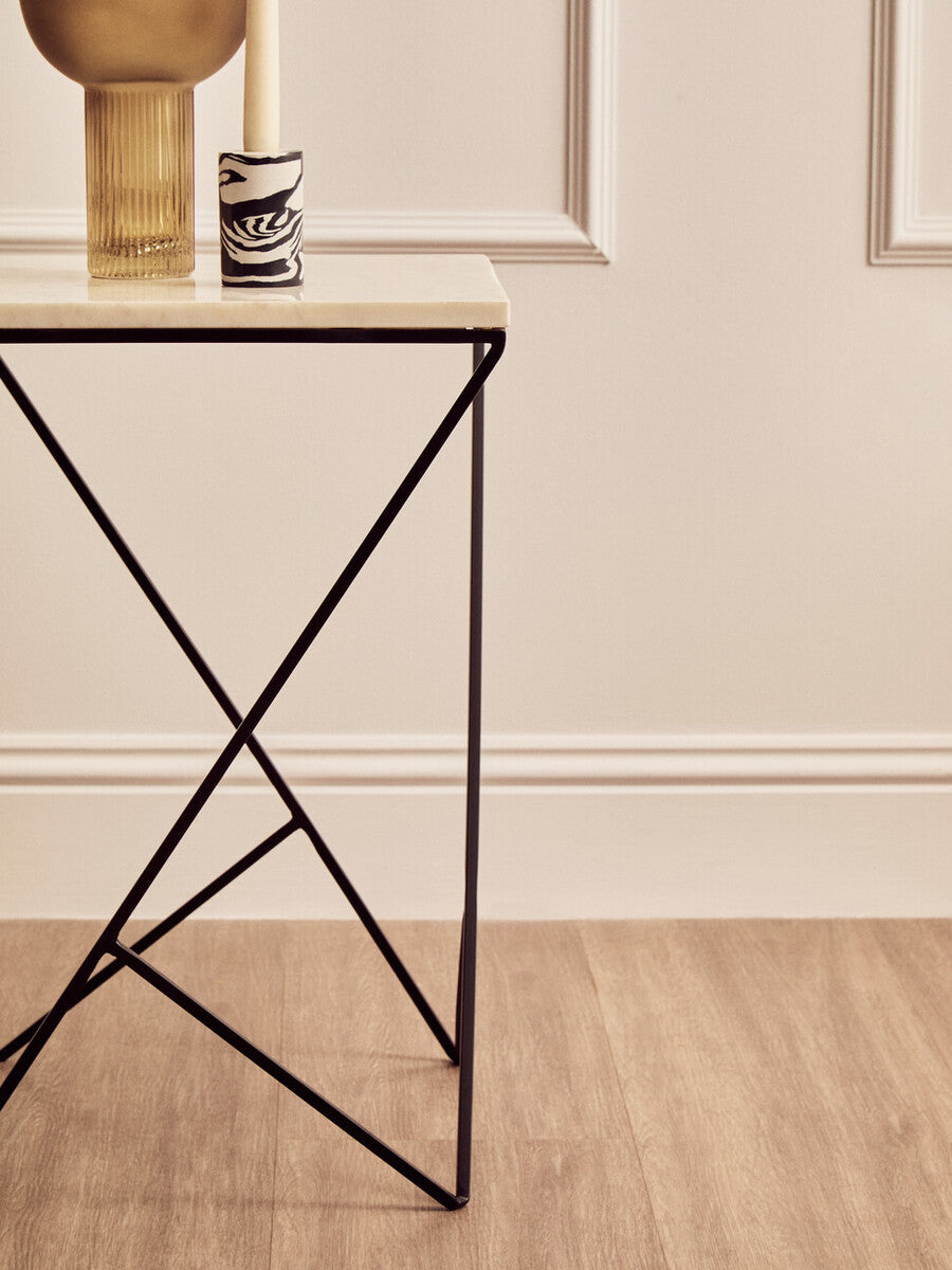 Orsina Shalimar White Marble Square Side Table | Black Metal Base