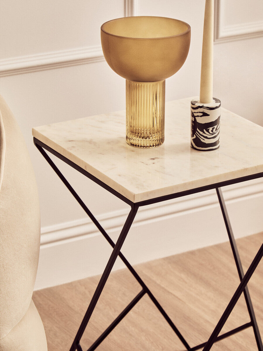 Orsina Shalimar White Marble Square Side Table | Black Metal Base
