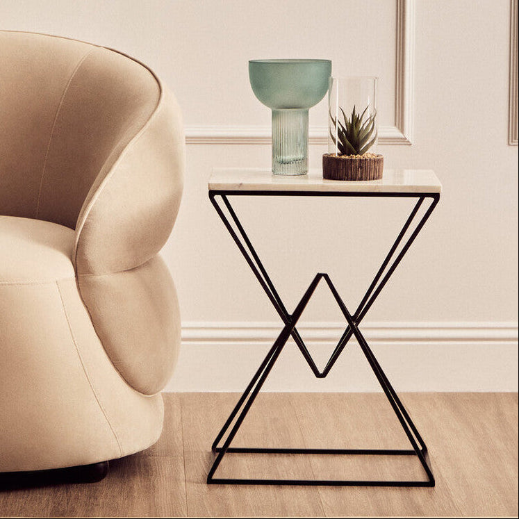 Orsina Shalimar White Marble Rectangular Side Table | Black Metal Base