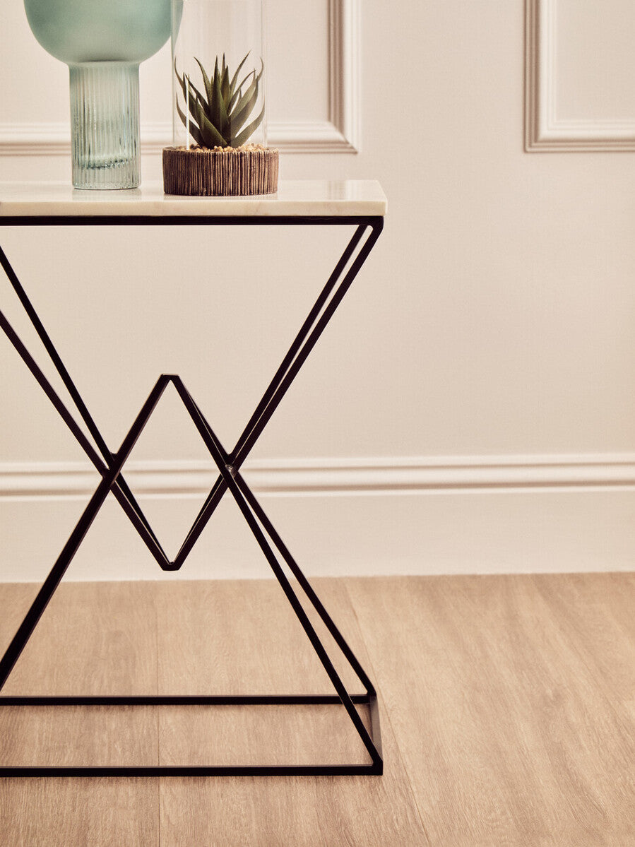 Orsina Shalimar White Marble Rectangular Side Table | Black Metal Base