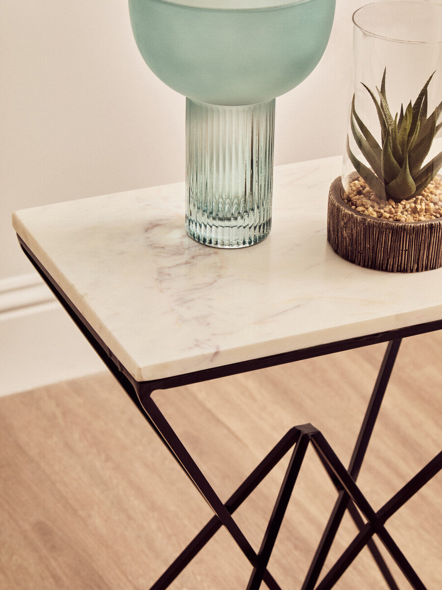 Orsina Shalimar White Marble Rectangular Side Table | Black Metal Base