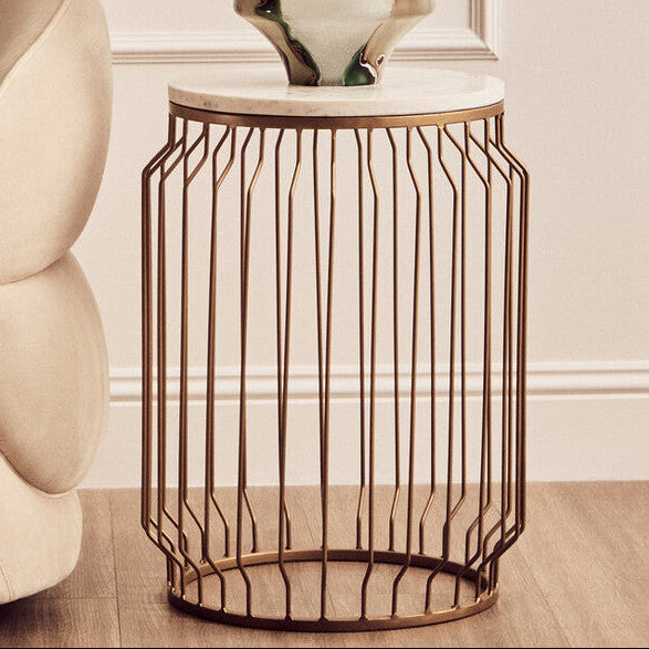 Orsina Shalimar Round Marble Side Table – Gold Wireframe Base