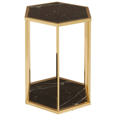 Orsina Hexagon Marble End Table – 2-Tier Gold Stainless Steel Frame