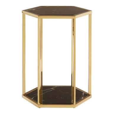 Orsina Hexagon Marble End Table – 2-Tier Gold Stainless Steel Frame
