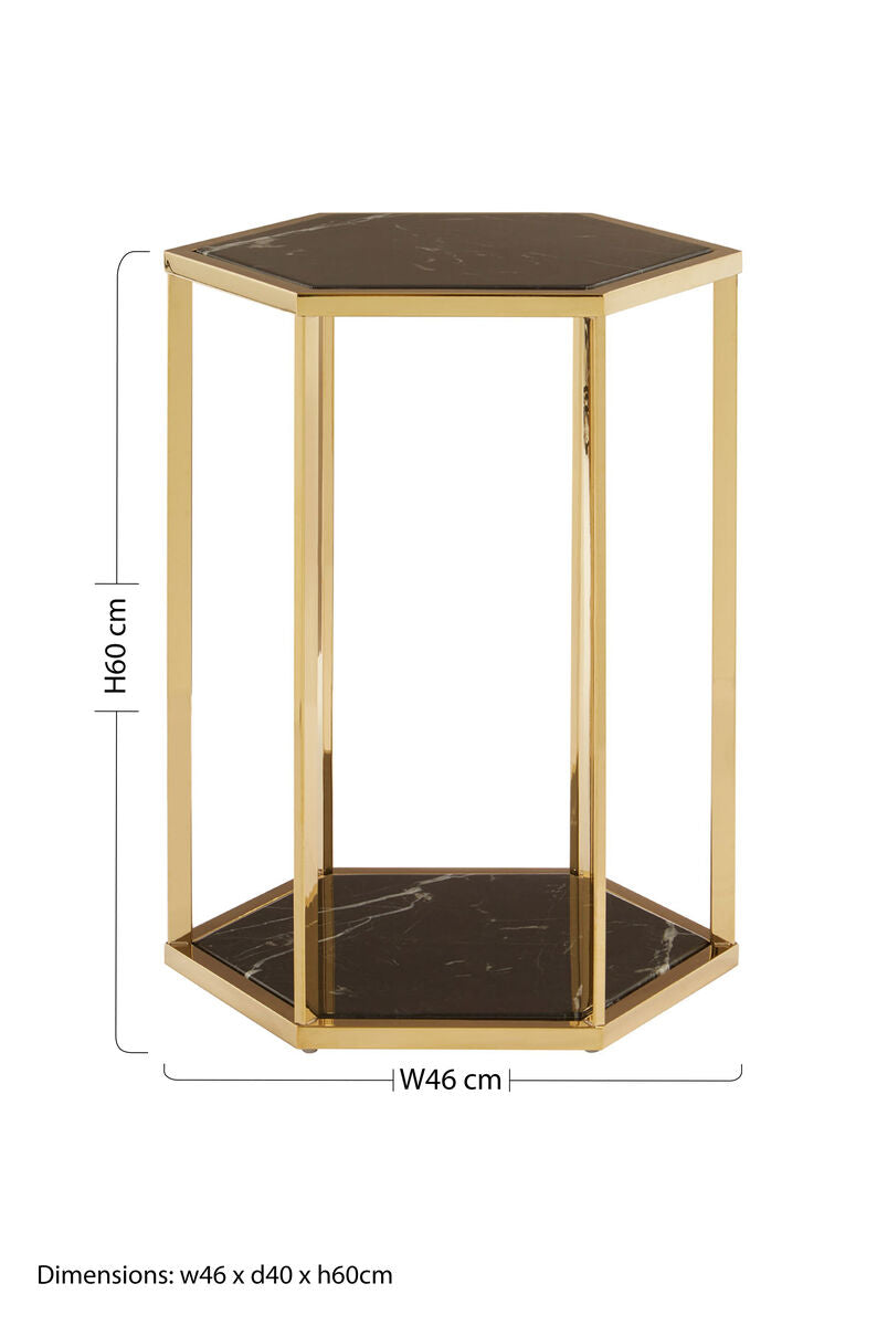Orsina Hexagon Marble End Table – 2-Tier Gold Stainless Steel Frame