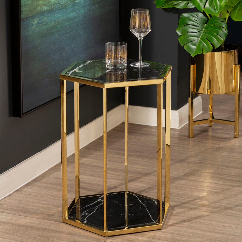 Orsina Hexagon Marble End Table – 2-Tier Gold Stainless Steel Frame