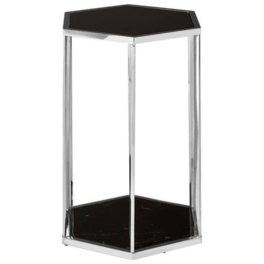 Orsina Piermount Hexagonal Black Marble and Silver Two-Tier End Table