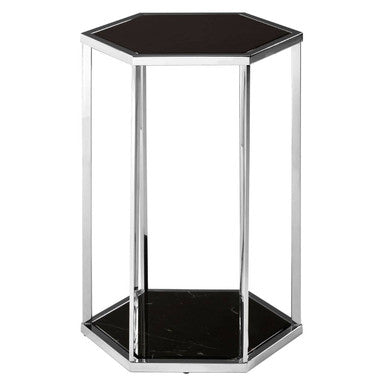 Orsina Piermount Hexagonal Black Marble and Silver Two-Tier End Table