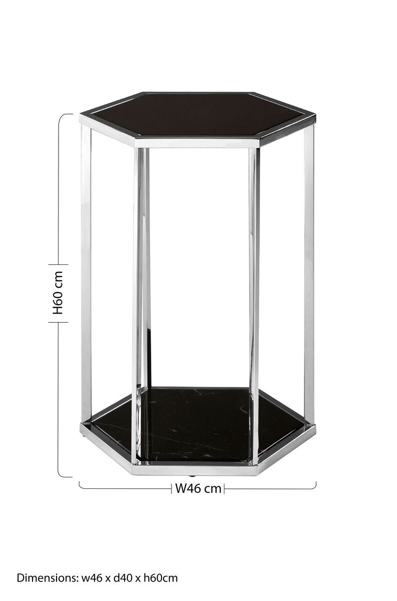 Orsina Piermount Hexagonal Black Marble and Silver Two-Tier End Table